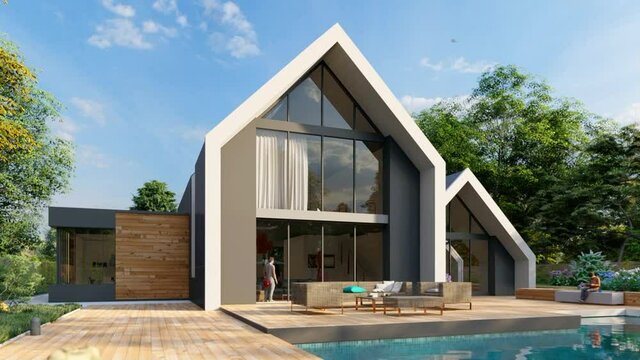  modern pitched roof house with a pool and a garden