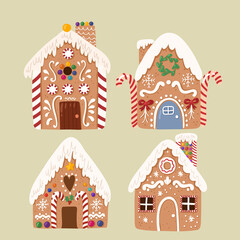 Cute vector Collection of Gingerbread house,sweet christmas traditional cookie in hand drawn style. 