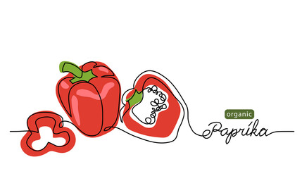 Paprika, bell pepper, red sweet pepper vector illustration. One line drawing art illustration with lettering organic paprika.