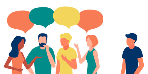 Group of people communicates, ignoring introverted man. Loneliness, ignorance, discrimination, indifference to teammate. Isolation, rejection of people in society. Vector illustration