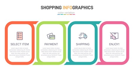 Concept of shopping process with 4 successive steps. Four colorful graphic elements. Timeline design for brochure, presentation, web site. Infographic design layout.