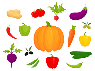 Vegetable colorful set icons. Healthy food collection. Fresh organic elements group. Vector illustration isolated on white.