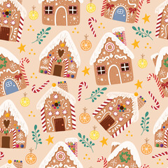 Cute vector seamless pattern of Gingerbread house,sweet christmas traditional cookie in hand drawn style. 