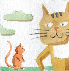 Friendship of cat and mouse, meeting in a wood