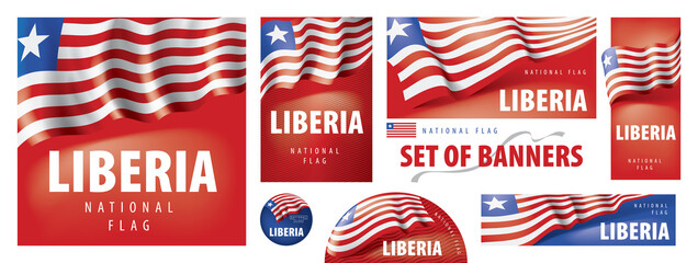 Vector set of banners with the national flag of the Liberia