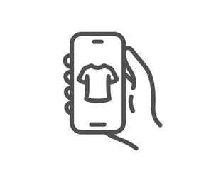 Shop app line icon. Hand hold phone sign. Cellphone with screen notification symbol. Quality design element. Linear style shop app icon. Editable stroke. Vector