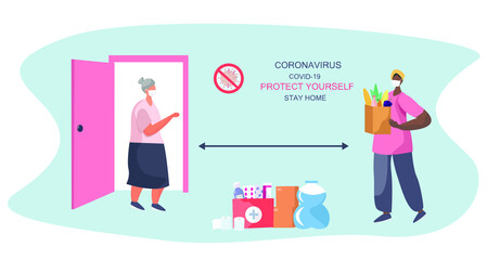 No Contact Home Delivery. Delivery Food and Drug During Quarantine.Online Shopping. Delivery Afro American Woman in Mask Leaves Food and Water for Pensioner.Social Distance.Flat Vector Illustration