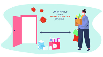 No Contact Home Delivery During Coronavirus.Delivery Food and Drug During Quarantine.Online Shopping.Delivery Manager in Mask Leaves Food and Water Near Door.Social Distance.Flat Vector Illustration