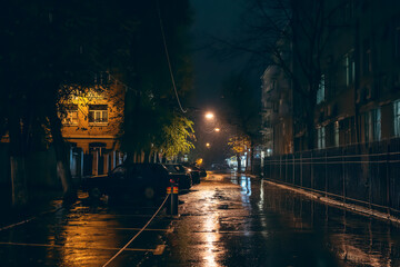 Empty city street in rainy weather at night illuminated by city lamps, no people, wet and puddles with reflection, horror and mystery atmosphere.