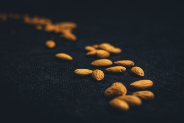 Fototapeta na wymiar Raw almonds on dark background.