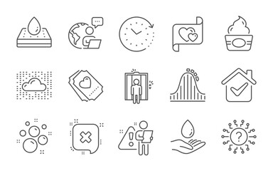 Reject, Roller coaster and Waterproof mattress line icons set. Question mark, Love letter and Elevator signs. Clean bubbles, Love ticket and Cloud system symbols. Line icons set. Vector