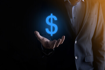 Successful international financial symbol sinvestment concept with businessman man person hold showing growth, charts and dollar sign, digital technology