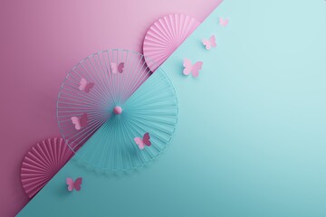Simple romantic template background with circular shapes and pink butterflies in pink blue colors