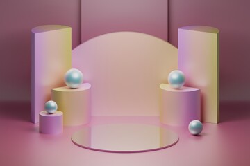 Composition with product presentation reflective mirror stage in soft pink colors