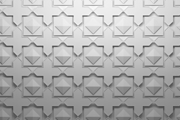 Pattern with layered repeating elements tiles - crosses, pyramids, squares