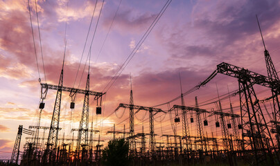 Electrical substation silhouette on the dramatic sunset background