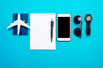 Travel objects on blue background