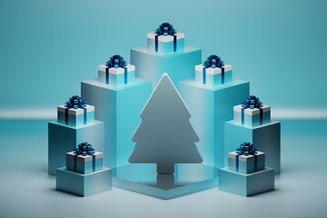 Festive greeting card with Christmas tree and many gift boxes with glossy blue bows on pedestals