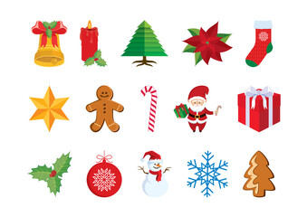 Christmas color icons isolated on a white background vector. Christmas cartoon icon set vector. Big collection of christmas symbols vector