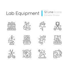 Lab equipment linear icons set. Test tube rack. Chemistry glassware. Petri dish. Bunsen burner. Customizable thin line contour symbols. Isolated vector outline illustrations. Editable stroke