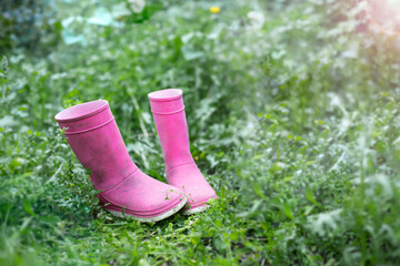 pink rubber boots on the grass