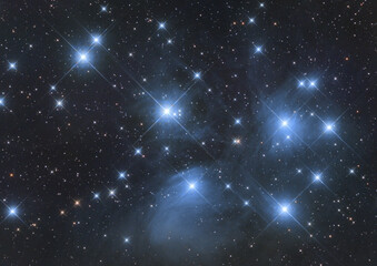Closeup of Messier 45, called also Pleiades or Seven Sisters, its an open cluster in Taurus...