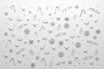 White Christmas background with many small objects - candy canes, snowflakes, baubles, trees