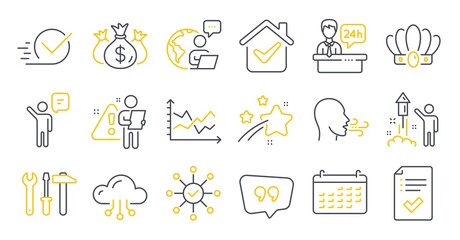 Set of Business icons, such as Quote bubble, Approved checklist, Fireworks symbols. Agent, Check investment, Checkbox signs. Spanner tool, Breathing exercise, Calendar. Diagram chart. Vector