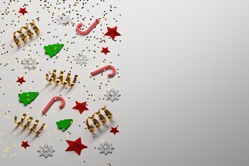 Template with Christmas elements stars, snowflakes, green christmas trees, golden confetti and spirals with copy blank space