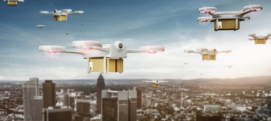 Drohnen liefern Pakete in einer Stadt