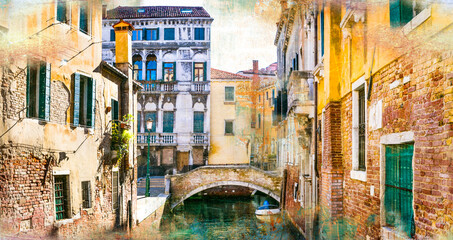 Fototapety  Wenecka ulica i kanały. Obraz artystyczny w malarstwie Wenecja, Włochy