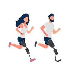 Fototapeta na wymiar Set of people with prosthetic legs. A guy and a girl with prostheses are running. Isolated. Vector.
