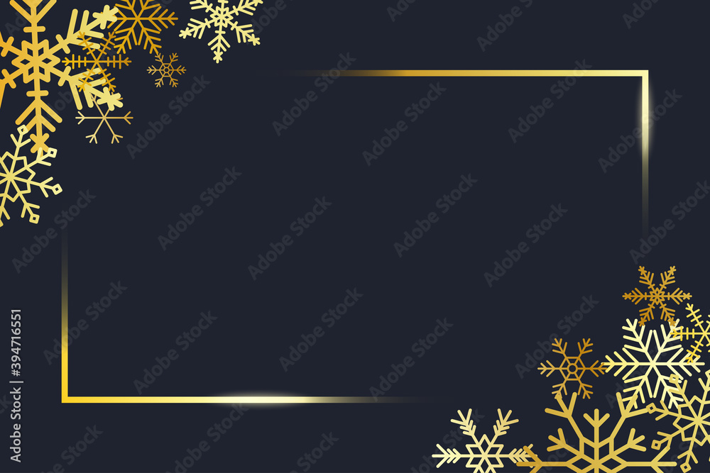 Poster transparent gold frame angles with golden snowflakes. banner for merry christmas and new year text. 