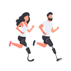 Set of people with prosthetic legs. A guy and a girl with prostheses are running. Isolated. Vector.