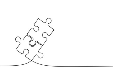 Twee verbonden puzzelstukjes van één doorlopende lijn getrokken. Puzzelelement. Vector illustratie.