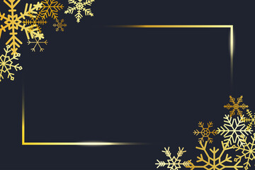 Fototapeta na wymiar Transparent gold frame angles with golden snowflakes. Banner for Merry Christmas and New Year text. Golden rectangle corners with gold snowflake. Vector.