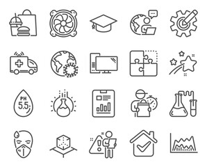 Science icons set. Included icon as Coronavirus, Report document, Puzzle signs. Computer fan, Computer, Chemistry experiment symbols. Trade chart, Ph neutral, Sick man. Graduation cap. Vector