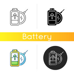 Battery wireless charging icon. No long cables. Innovational device usage. Getting electricity with modern technology. Linear black and RGB color styles. Isolated vector illustrations
