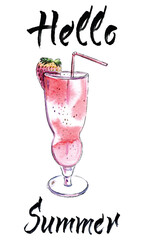 Glass of milk shake with straw and strawberry in watercolor