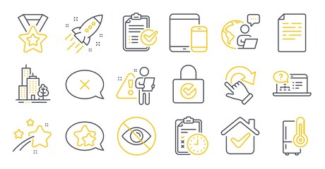 Set of Business icons, such as Document, Online help, Star symbols. Password encryption, Survey checklist, Mobile devices signs. Not looking, Exam time, Rotation gesture. Reject. Vector