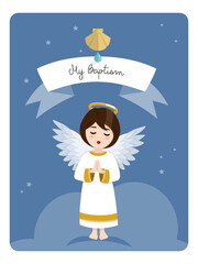 Praying angel. Baptism reminder on blue sky and stars background. Vector illustration