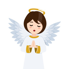 Foreground praying angel in heaven on a white background. Isolated vector illustration