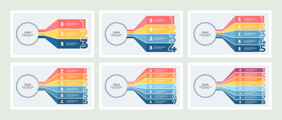 Business infographic. Chart with 3, 4, 5, 6, 7, 8 number options. Vector template.
