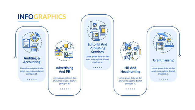 Business advisory service vector infographic template. Auditing, headhunting presentation design elements. Data visualization with 5 steps. Process timeline chart. Workflow layout with linear icons