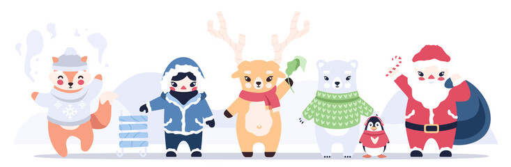 Animals set. Fox, bear, deer, boy child, Santa Claus. New Year, Christmas Holiday. Winter forest background. Funny cute cartoon characters. Vector illustration. Flat eps10. Hand drawn style.