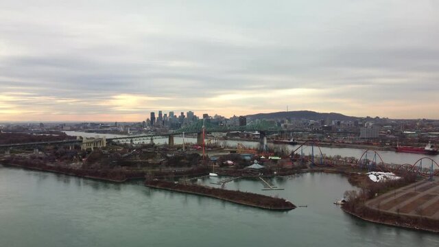 Montreal aerial view with Laronde and Jaque cartier bridge in foreground