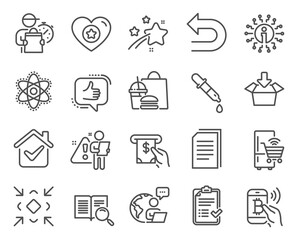 Technology icons set. Included icon as Chemistry atom, Copy files, Refrigerator signs. Minimize, Get box, Approved checklist symbols. Atm service, Info, Chemistry pipette. Bitcoin pay. Vector
