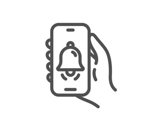 Bell alert line icon. Hand hold phone sign. Cellphone with screen notification symbol. Quality design element. Linear style bell alert icon. Editable stroke. Vector