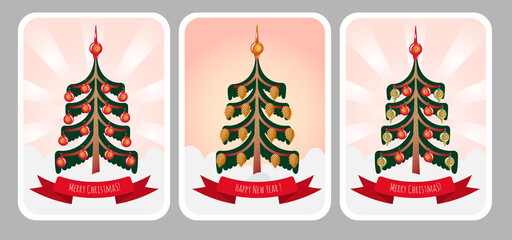 New Year and Christmas card set with Christmas pine tree, baubles and cones. Holiday Greetings Card Collection in Vintage style with rounded corners and bigbamm style around rays. Vector illustration