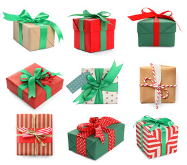Set of different Christmas gift boxes on white background
